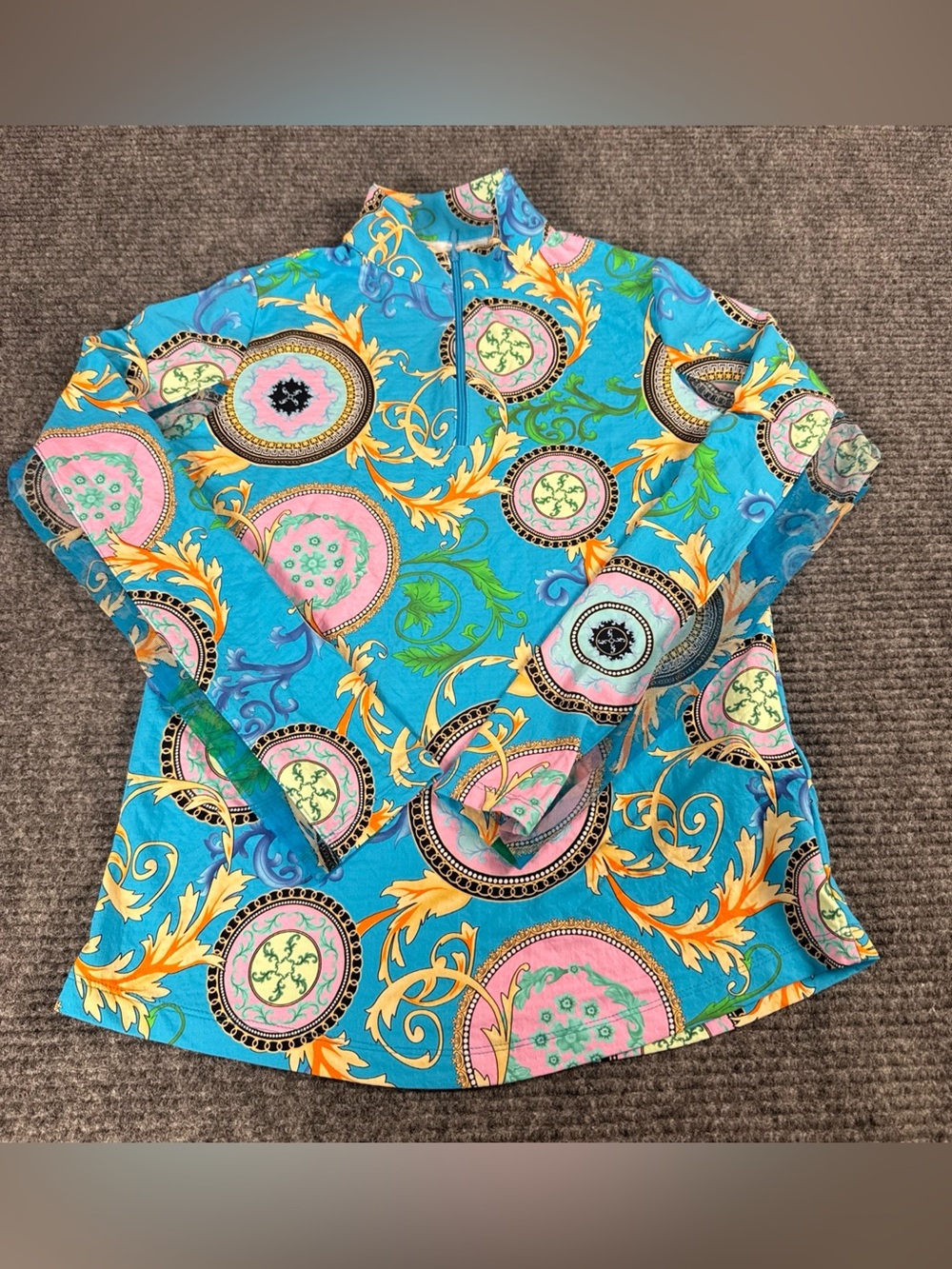 IBKUL Debbie Turquoise Multi Long Sleeve1/4 Zip  Golf Shirt XS UPF 50 Mesh Arm